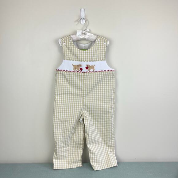 Classic Whimsy Smocked Tan Plaid Puppy Dog Longall Overalls 2T - Picture 1 of 5